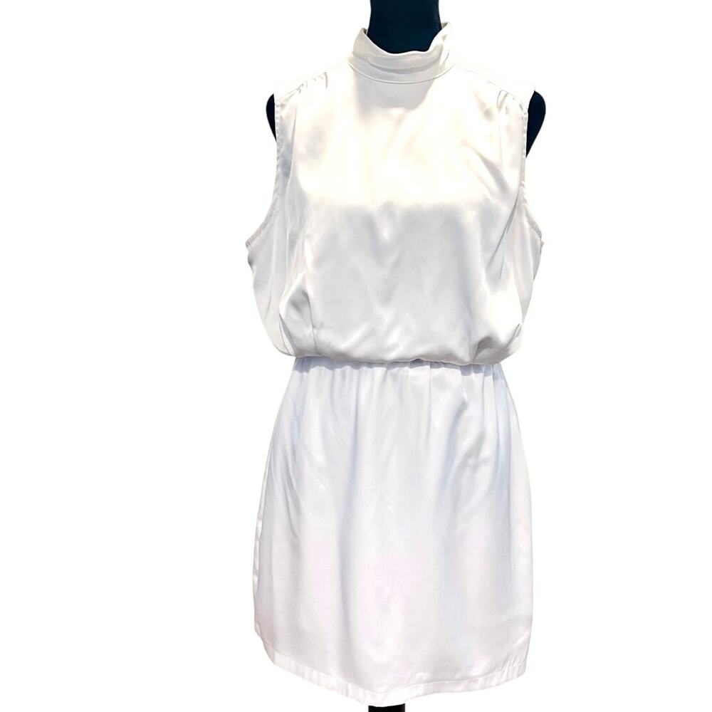 Lulus Classic Elegance White Satin Mock Neck Mini Dress L